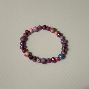 Handmade Elastic Bracelet with Purple, Pink, and Blue Marbled Beads